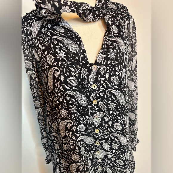 Sz XS Cleobella Betz Mini dress black white paisley long sleeve button down - Picture 4 of 12
